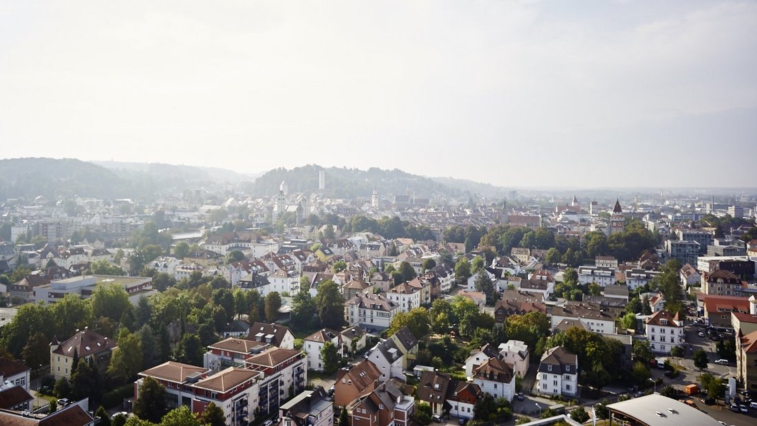 Eine Luftaufnahme der Stadt Ravensburg, Hauptsitz der EBZ Gruppe. 