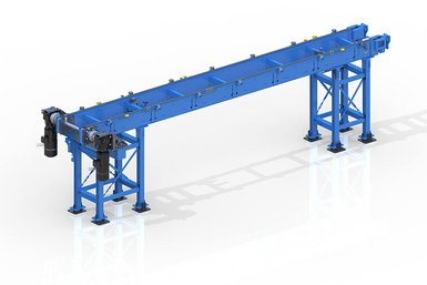 The overhead chain conveyor enables conveying of the pallet or carrier with ergonomic access to the conveyed material from below. 