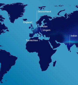 Weltkarte mit Abbildung der unterschiedlichen Standorte der EBZ Gruppe.